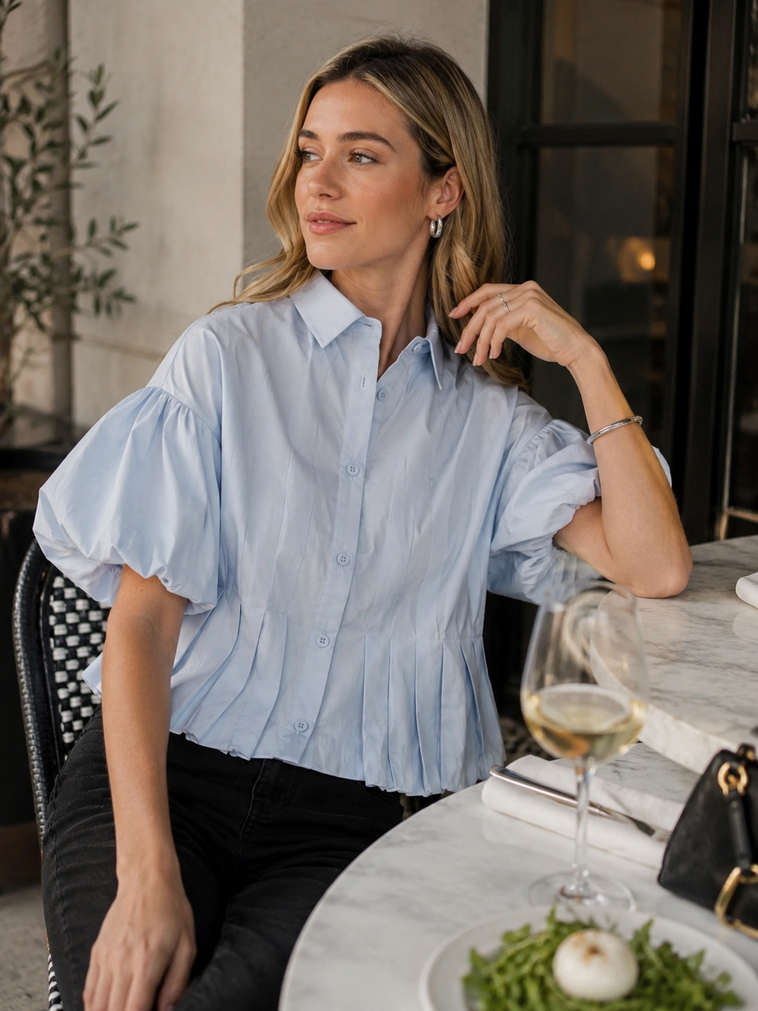 Pleated Bubble Hem Button Down Top