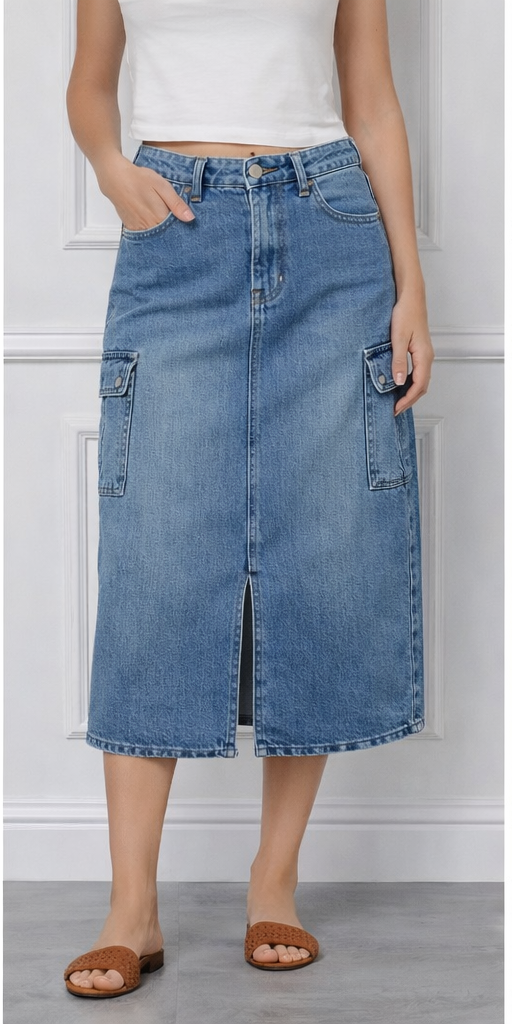 Acid Wash Cargo Front Slit Skirt