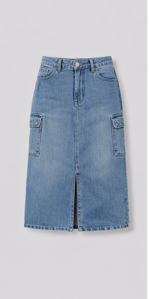 Acid Wash Cargo Front Slit Skirt