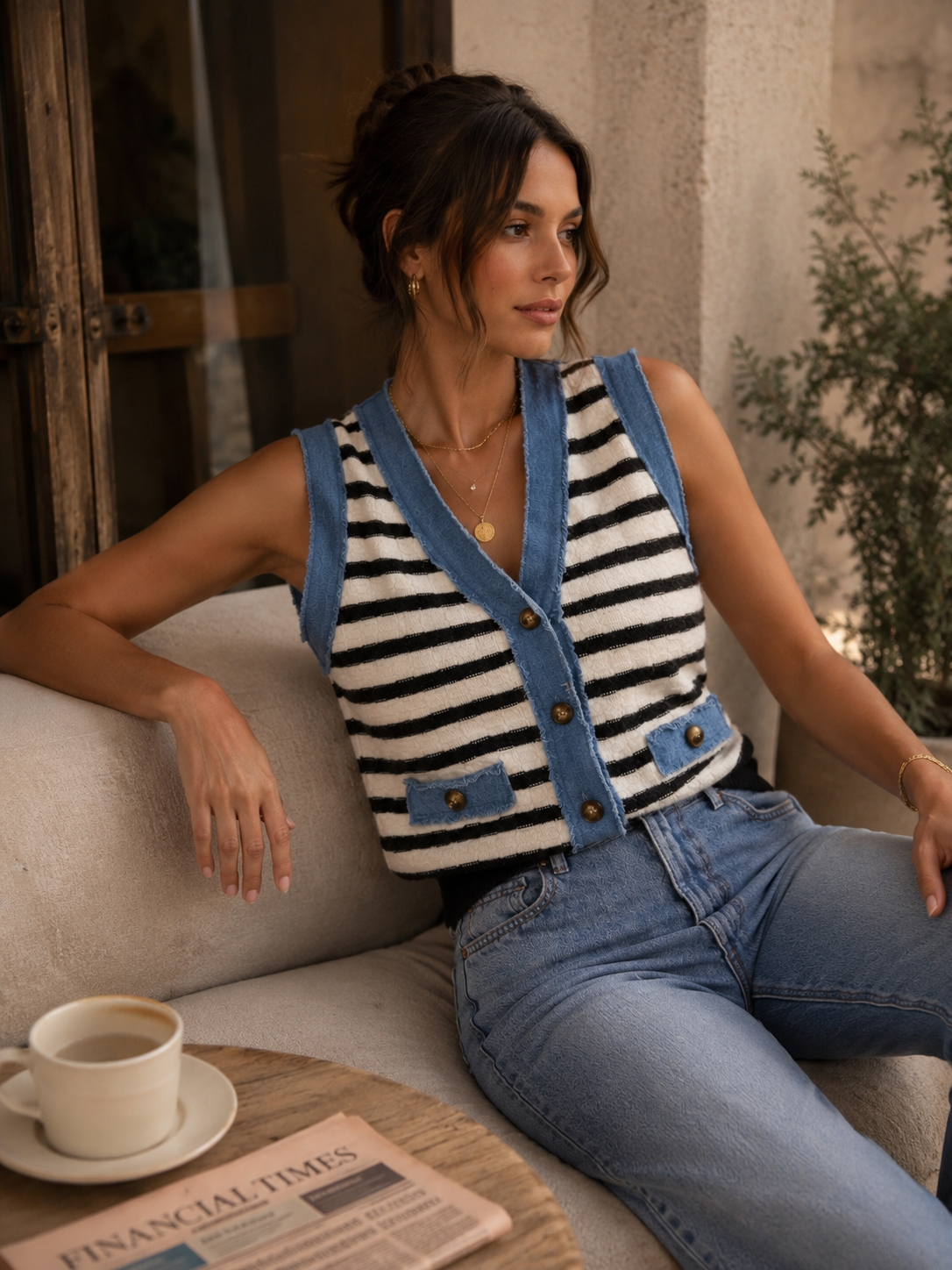 Denim Trim Knit Vest