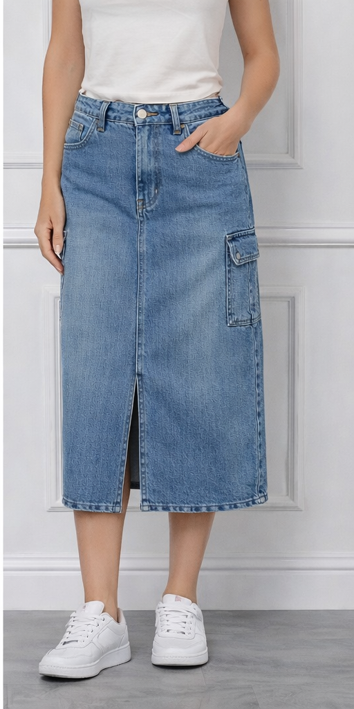 Acid Wash Cargo Front Slit Skirt