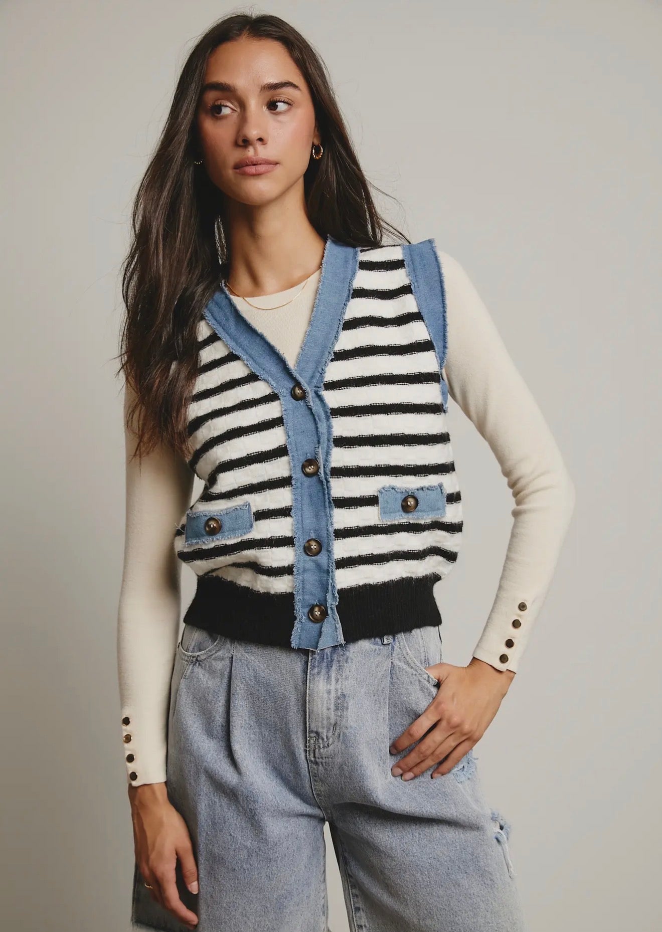 Denim Trim Knit Vest