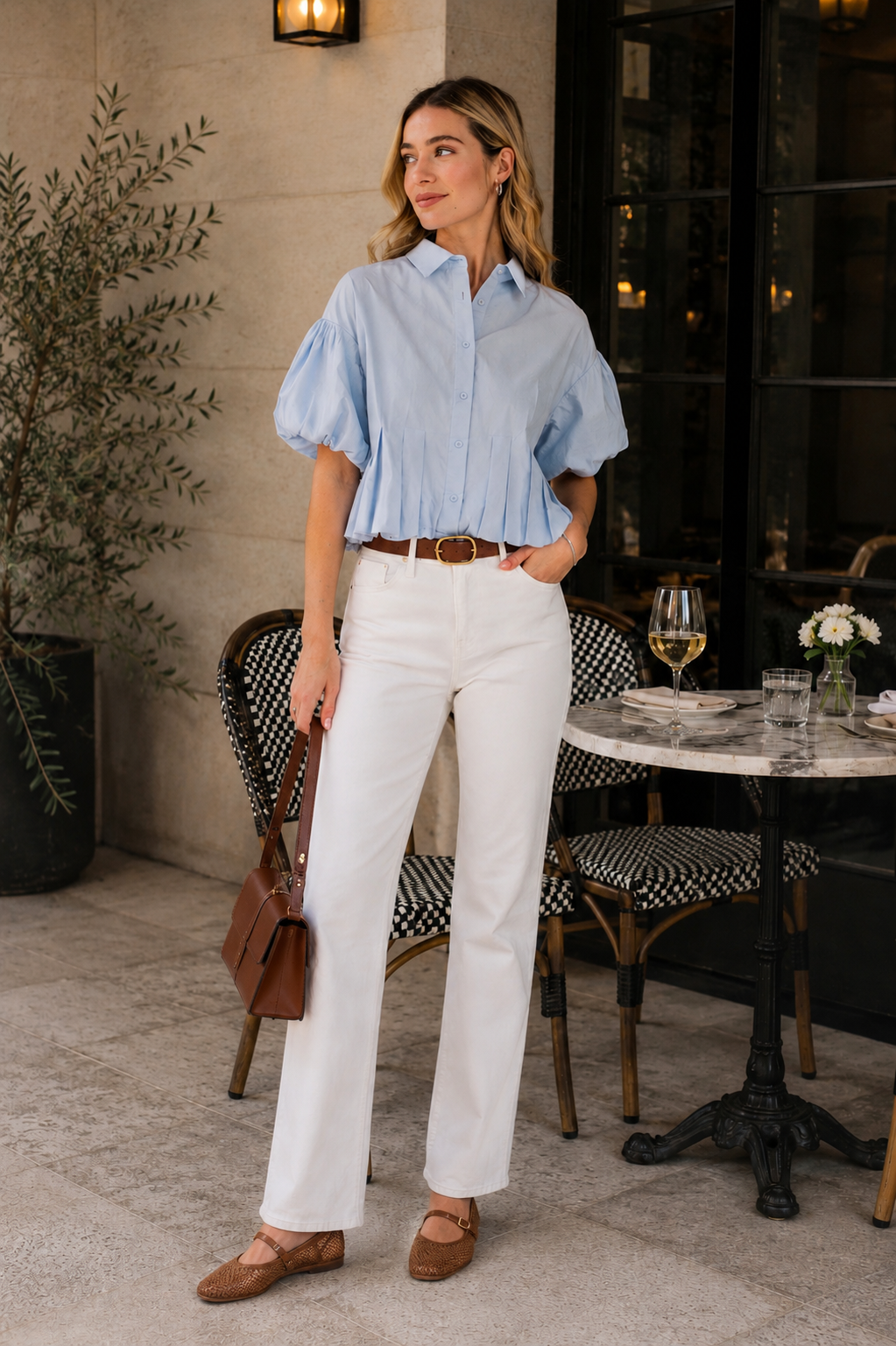 Pleated Bubble Hem Button Down Top
