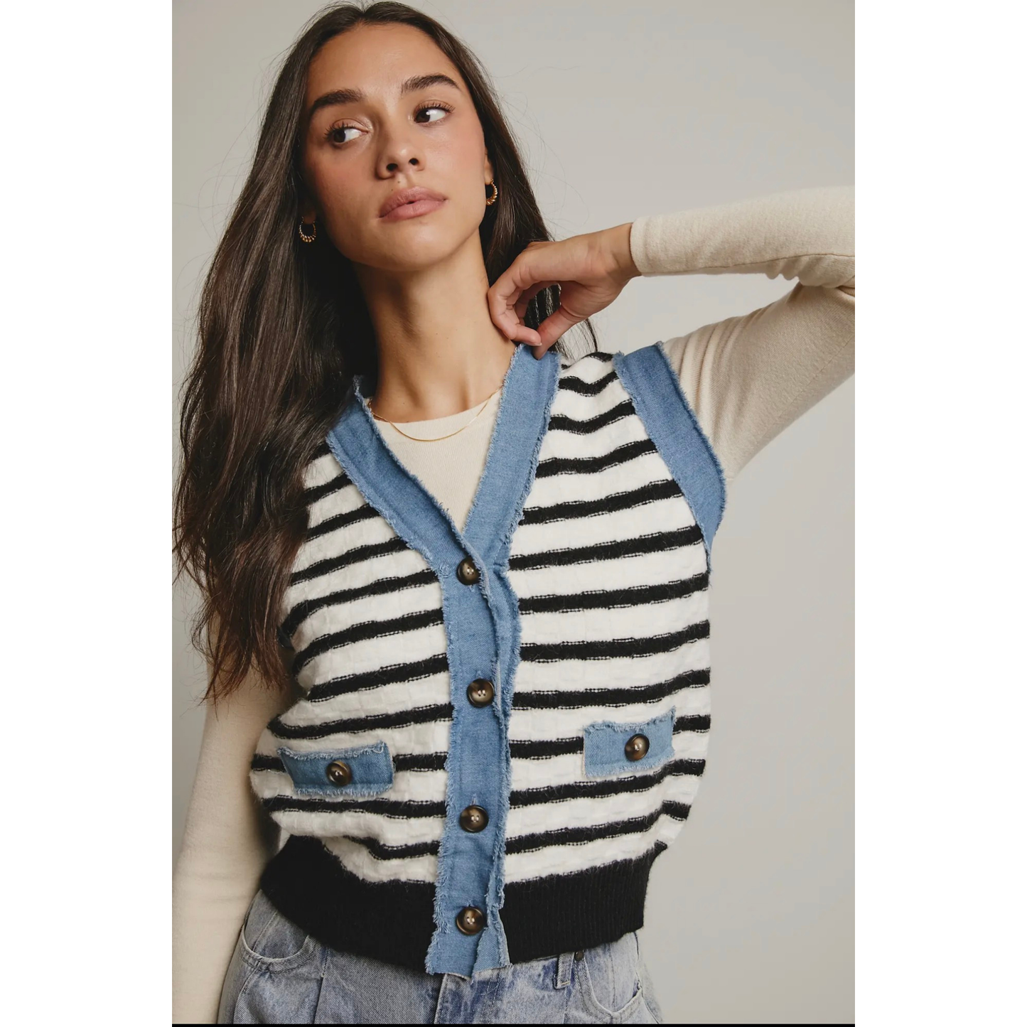 Denim Trim Knit Vest