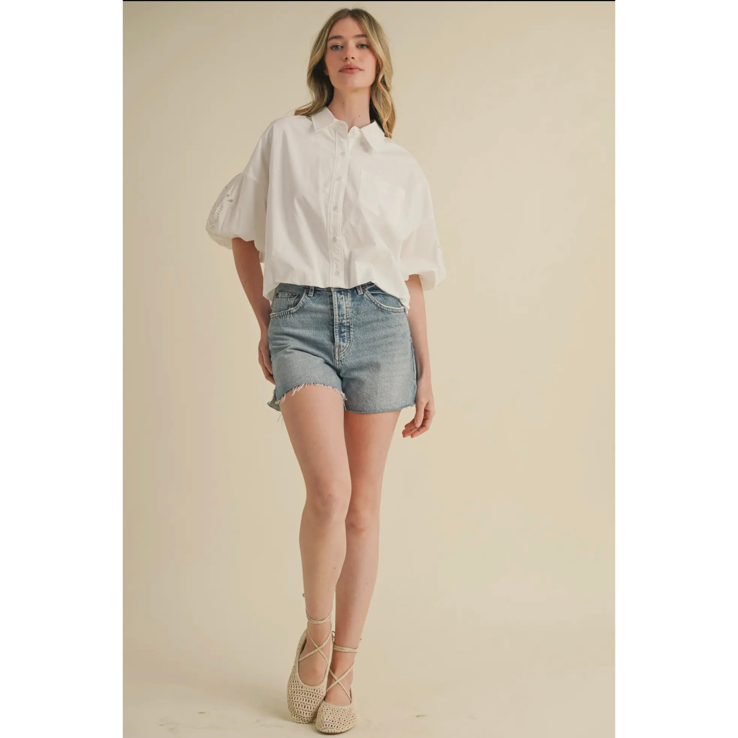 Cut Out Embroidered Bubble Sleeve