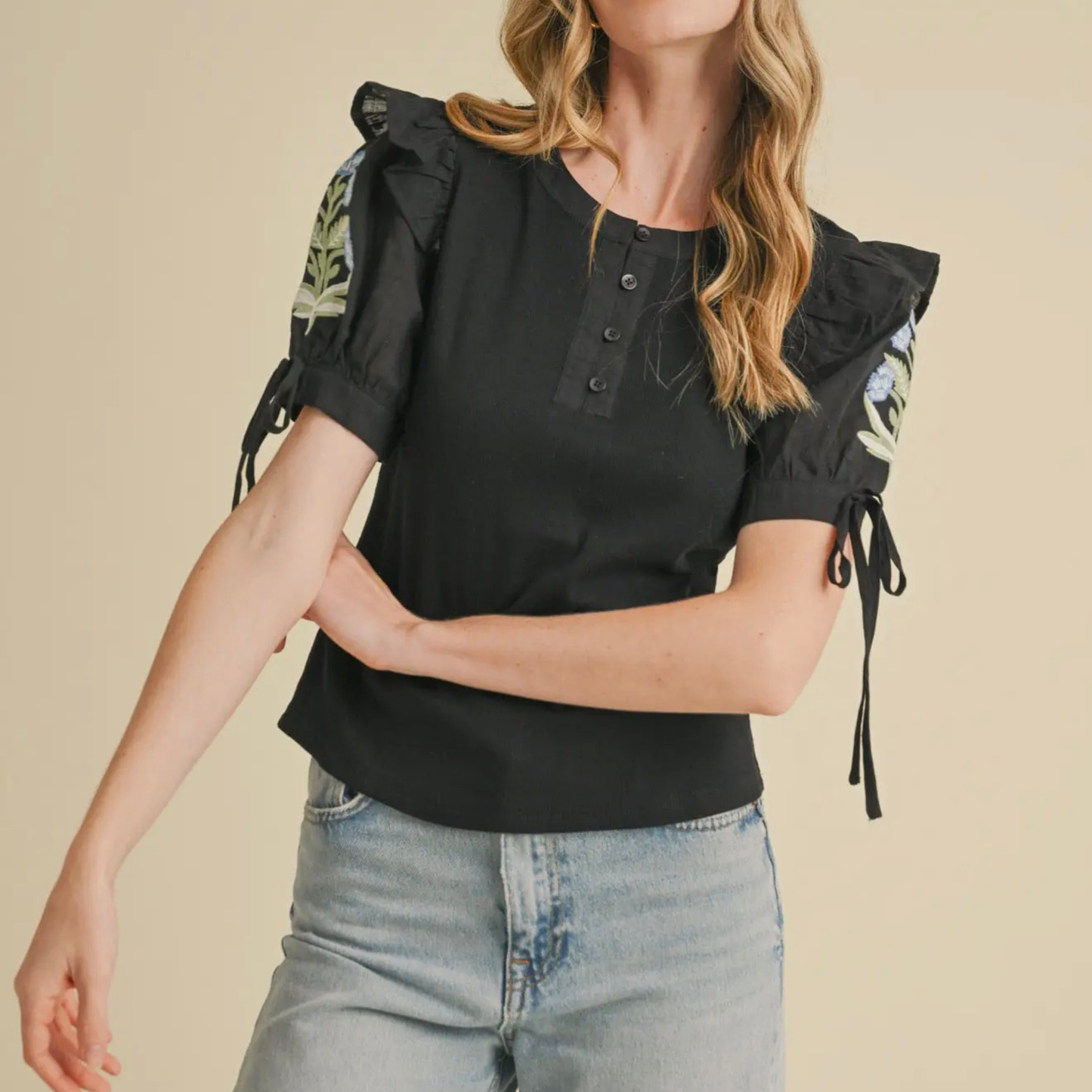 Floral Embroidered Flutter Sleeve Top