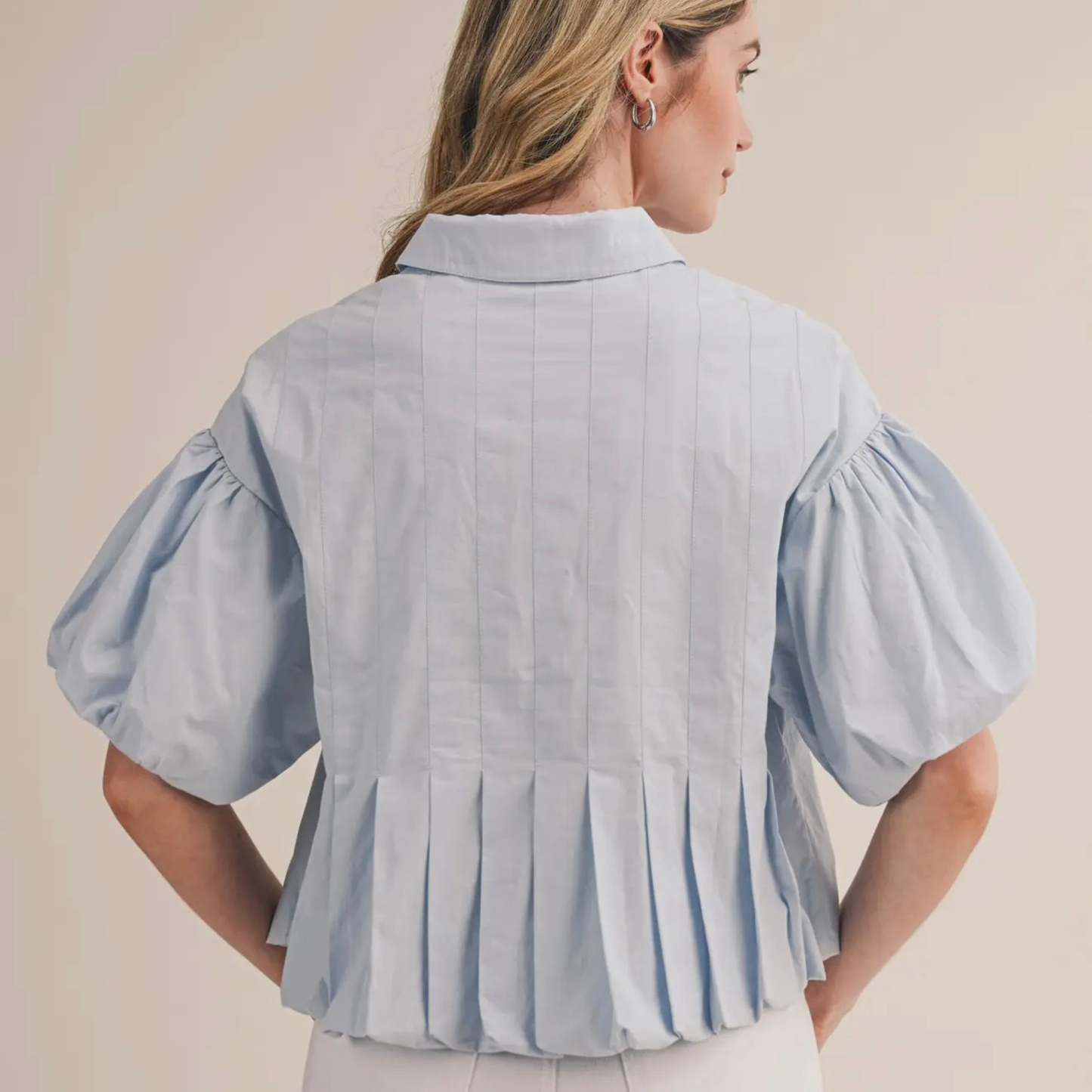 Pleated Bubble Hem Button Down Top