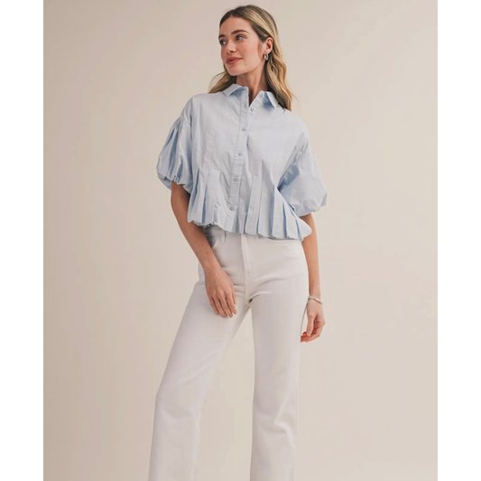Pleated Bubble Hem Button Down Top